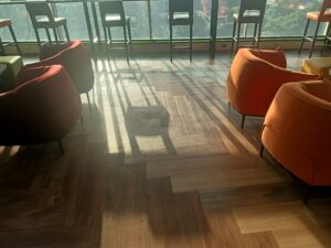 Room with squeaky wooden floorboards in light-filled office.